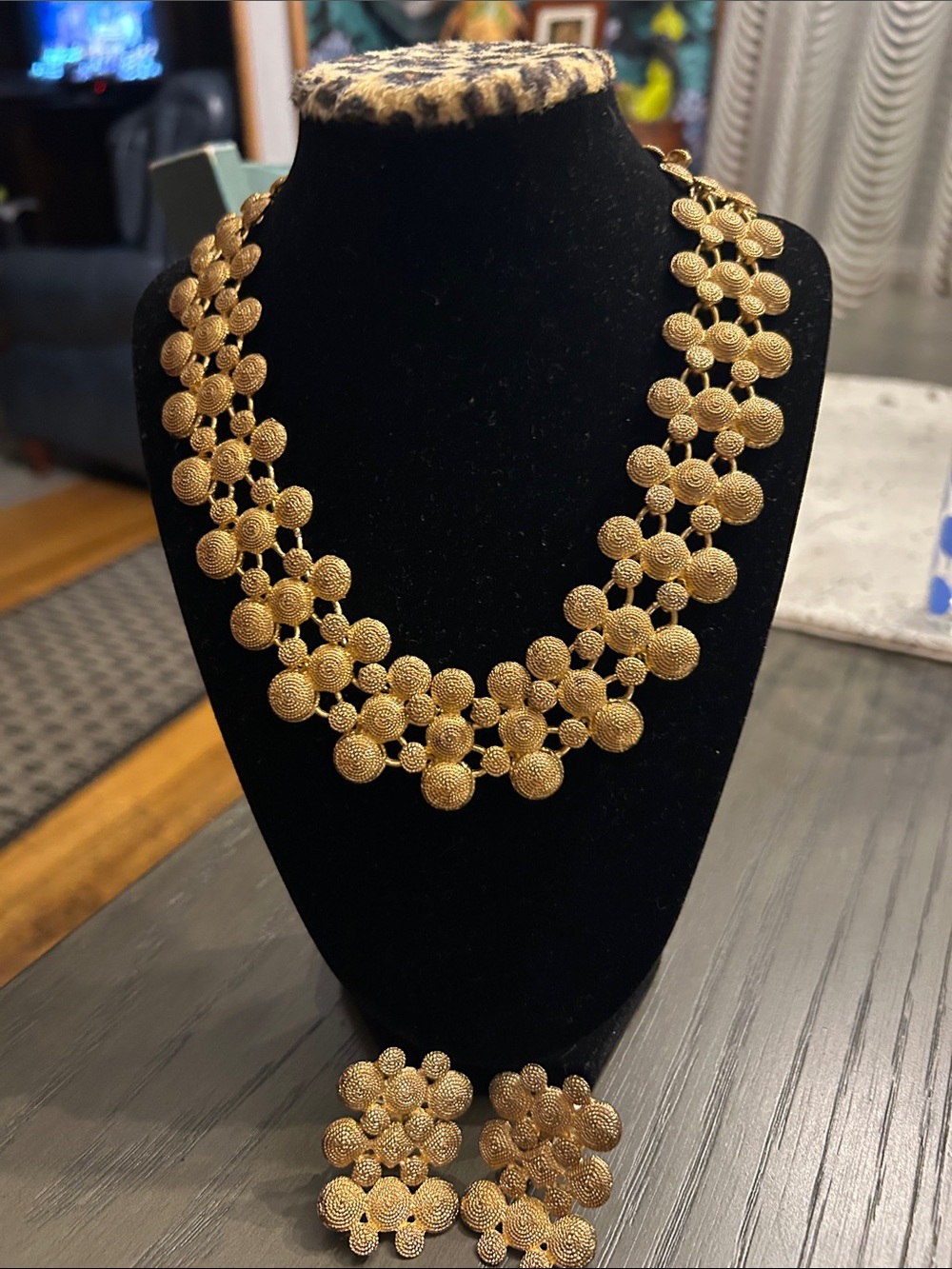 Vintage 80s Gold Tone Etruscan Inspired Necklace and Earrings Set